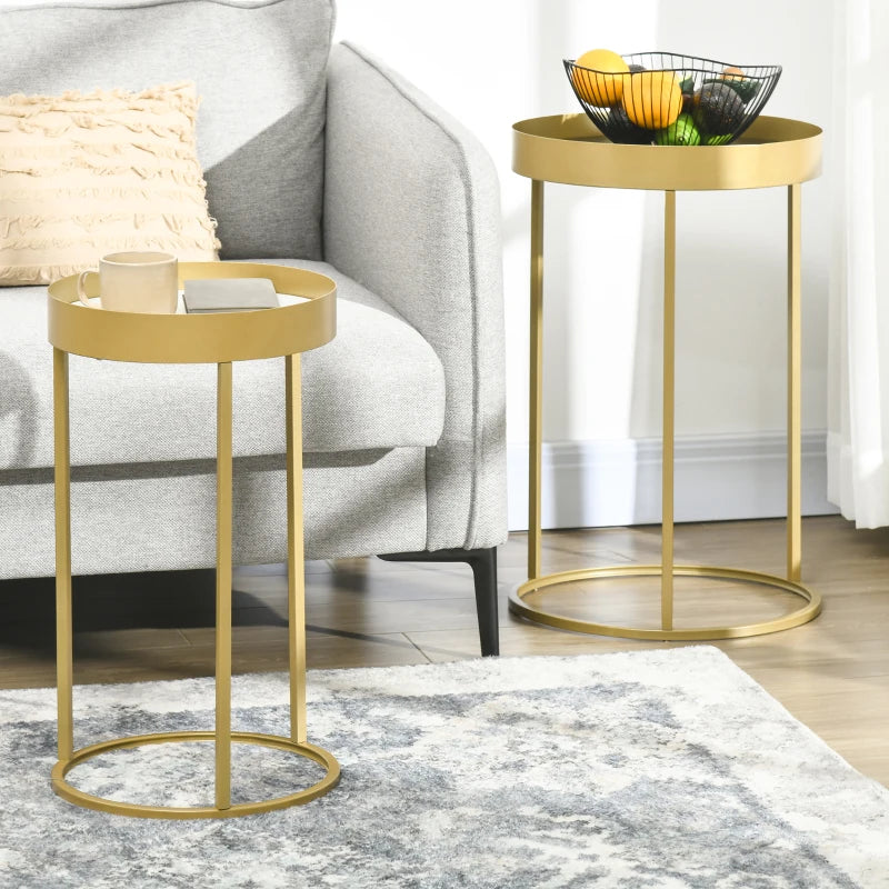 Gold Round Nesting Tables Set, Embedded Tabletop, Metal Frame - Living Room, Bedroom Side Table Duo
