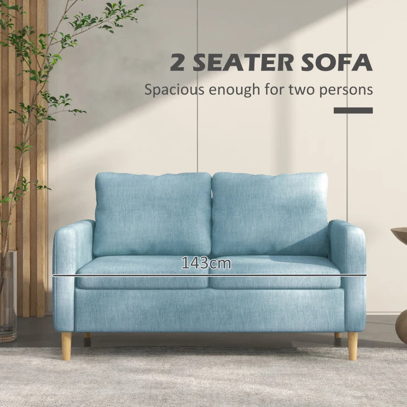 Blue Fabric Two Seater Sofa with Wood Legs and Pockets