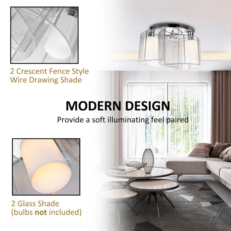 Modern White and Silver Chandelier Light Fixture, 2-Light Semi-Flush Mount