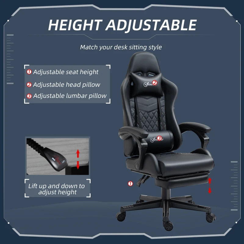 Black Racing Gaming Chair with Swivel Wheel & Footrest