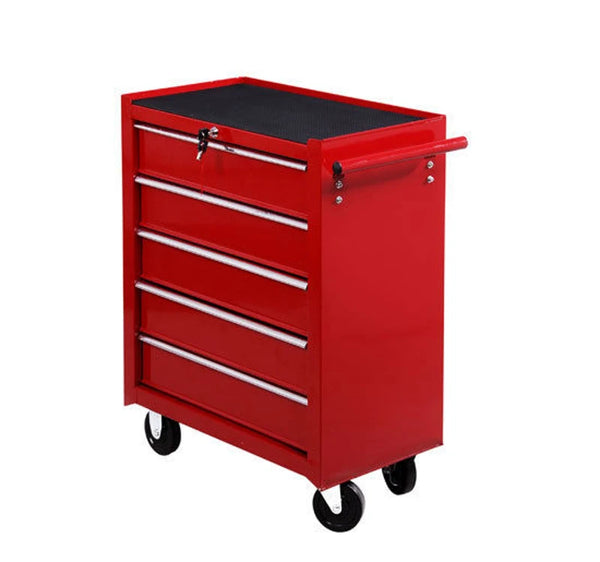 Red 5-Drawer Lockable Steel Tool Chest on Wheels with Side Handle