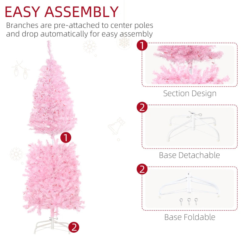 5FT Pink Prelit Pencil Slim Christmas Tree, 250 Warm White LED Lights, 408 Tips