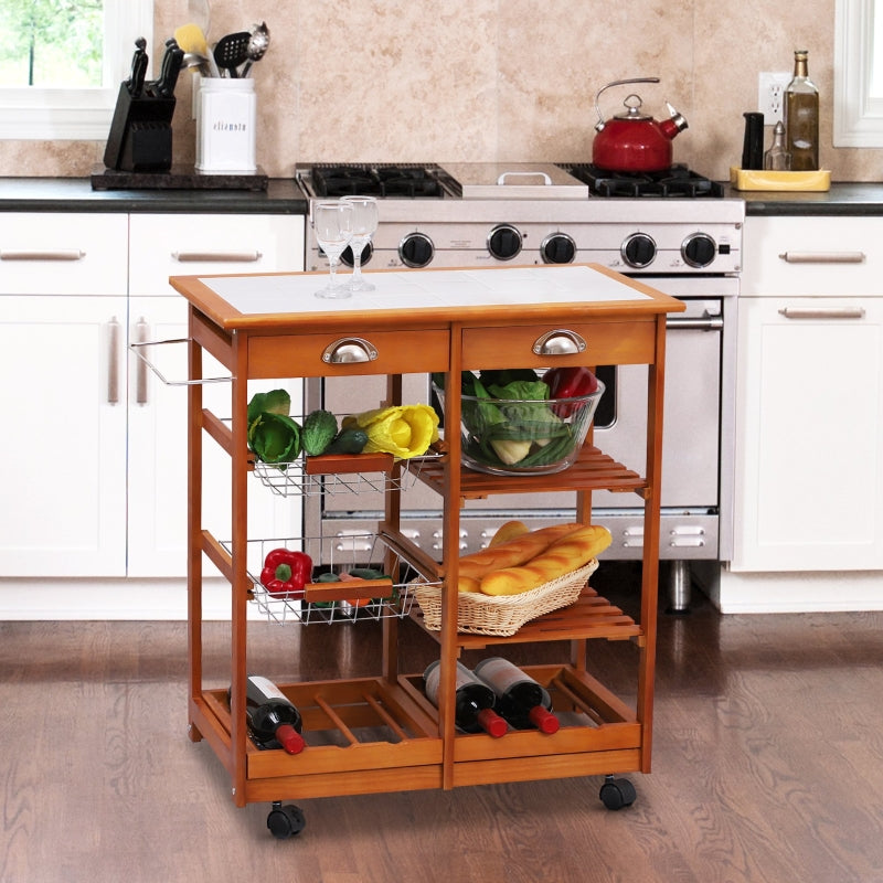 Rolling Kitchen Cart with Drawers, Baskets, Wine Rack & Tile Top - Natural Wood