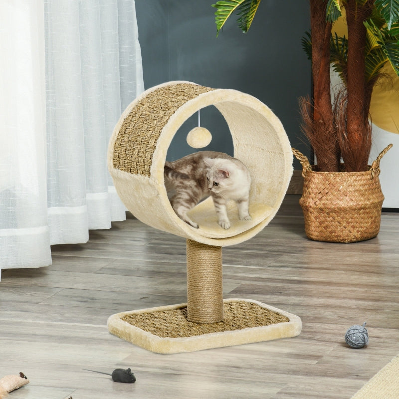 Beige Cat Tree with Scratching Post, Tunnel, Ball Toy - 56cm