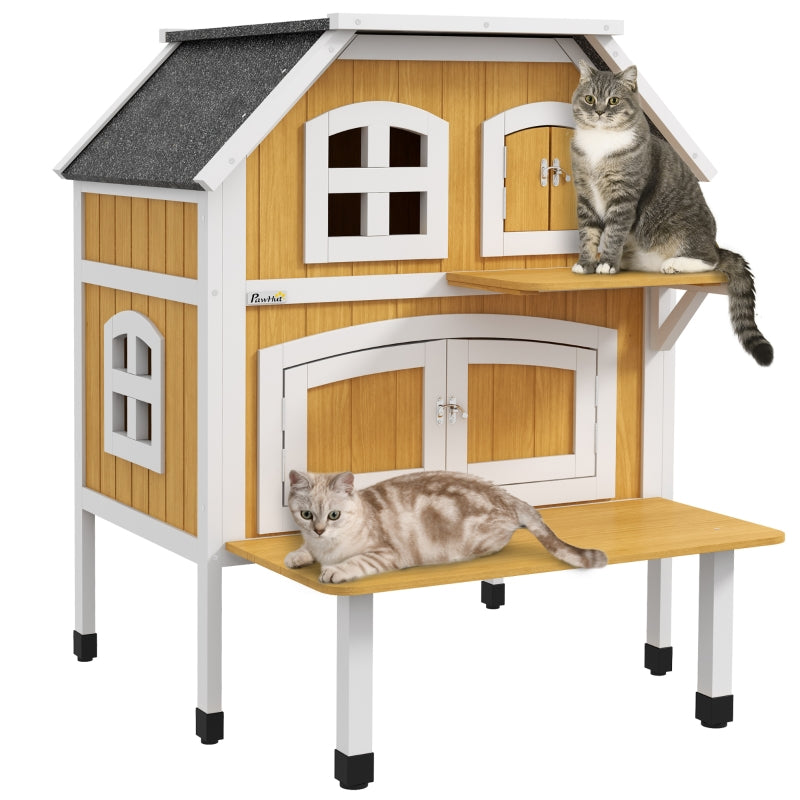 Wooden 2-Tier Outdoor Cat Shelter with Asphalt Roof - Grey