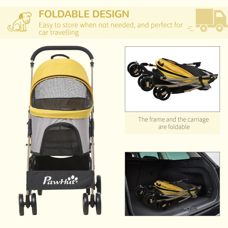 Yellow Pet Stroller with Rain Cover for Small Dogs