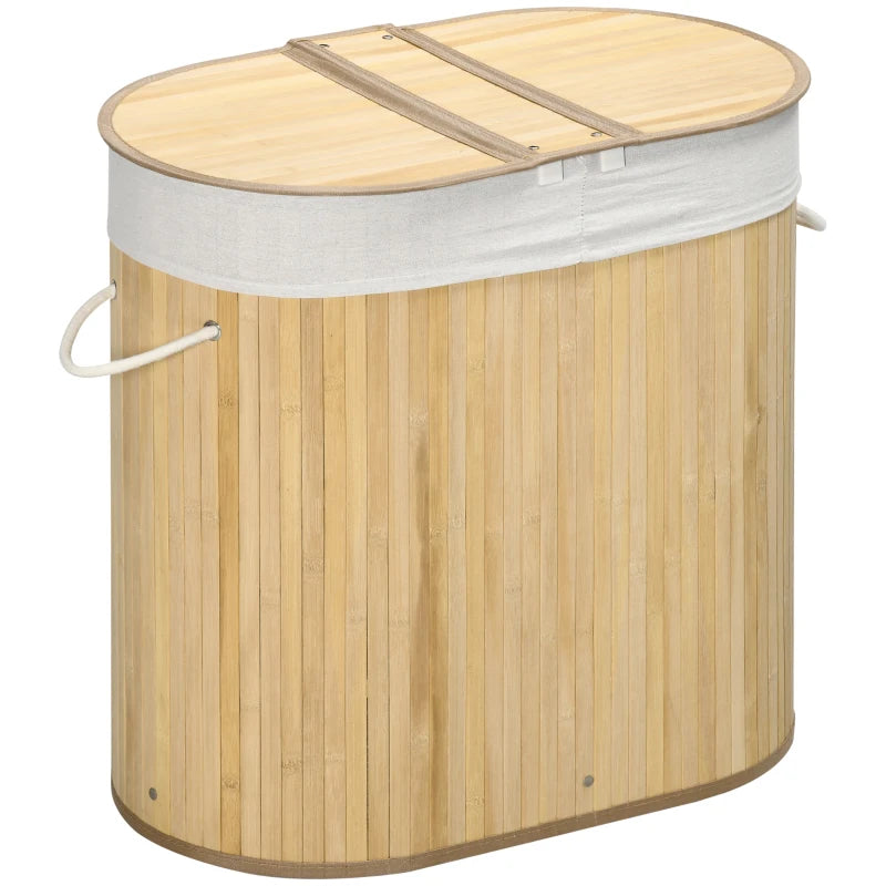 Natural Bamboo Laundry Hamper with 2 Sections, 100L Capacity