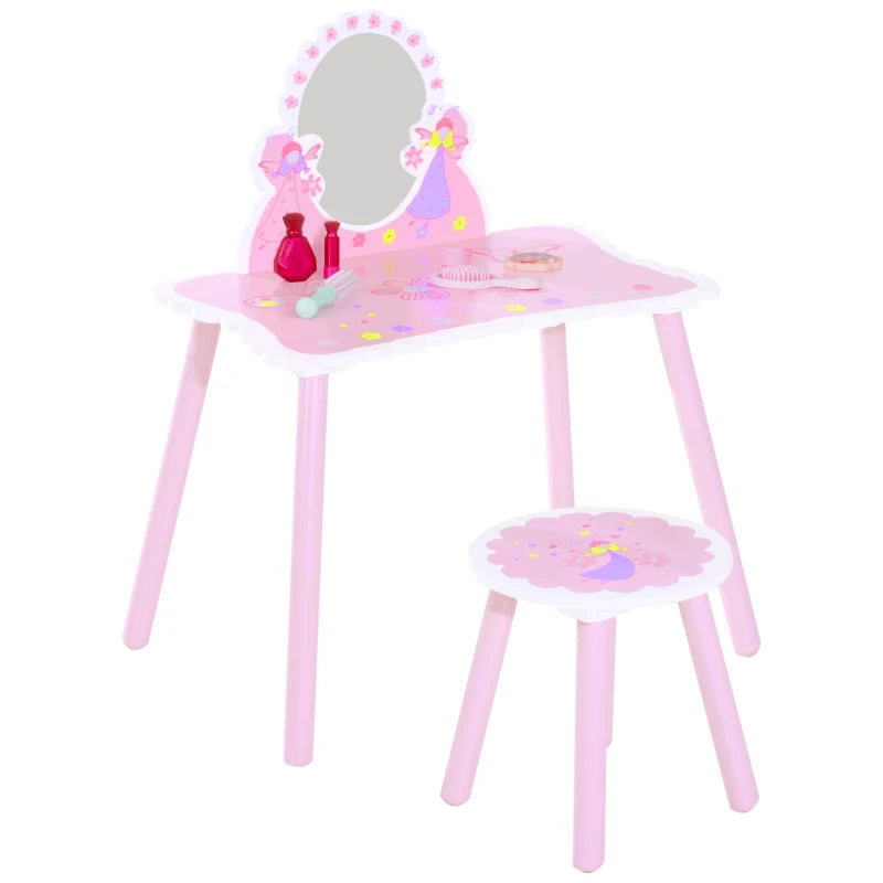 Kids Pink Wooden Dressing Table Set with Mirror & Stool