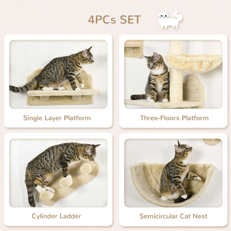 Beige Cat Wall Shelves Set with Scratching Post, Hammock, Nest - 4PCs