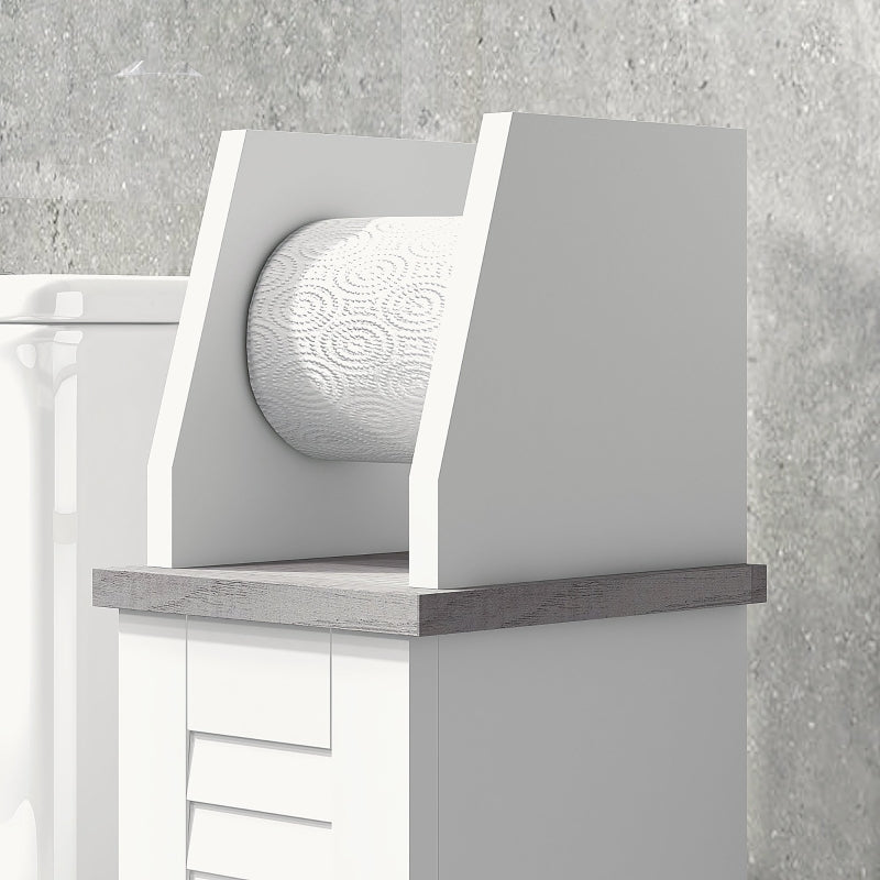 White Bathroom Floor Cabinet with Cupboard, Roll Holder & Adjustable Shelf