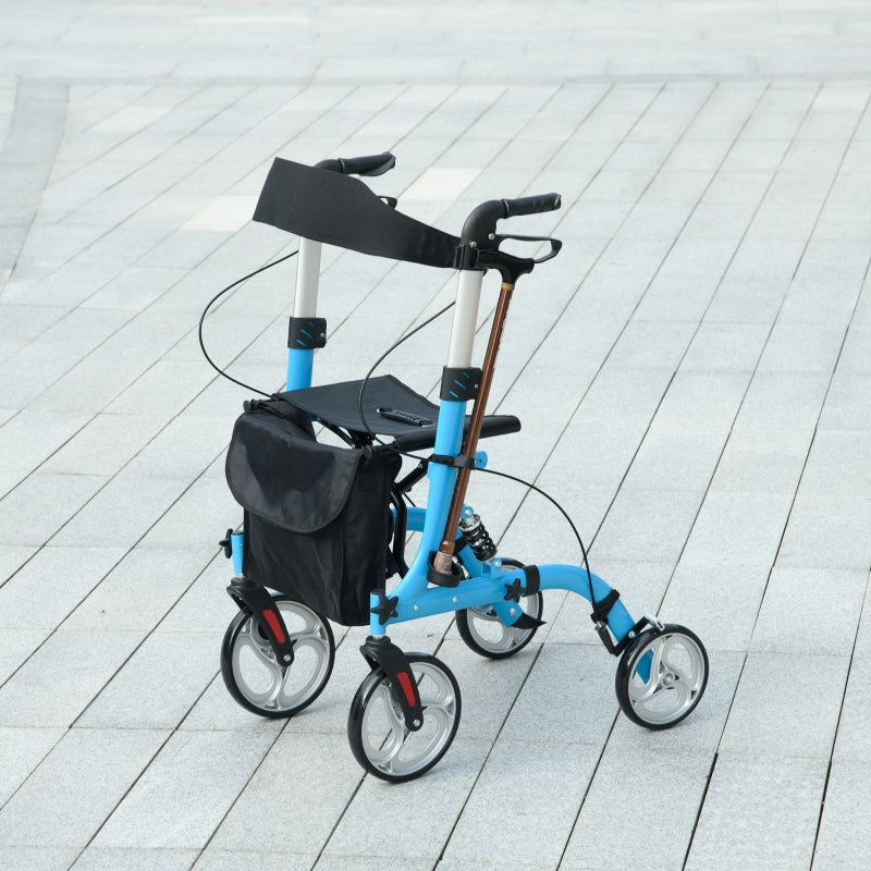 Blue Folding Rollator Walker with Seat and Large Wheels