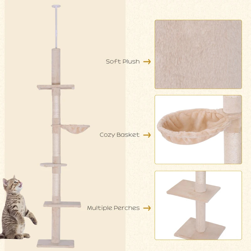 Adjustable Beige Cat Climbing Tower - 5-Tier Indoor Kitty Activity Center