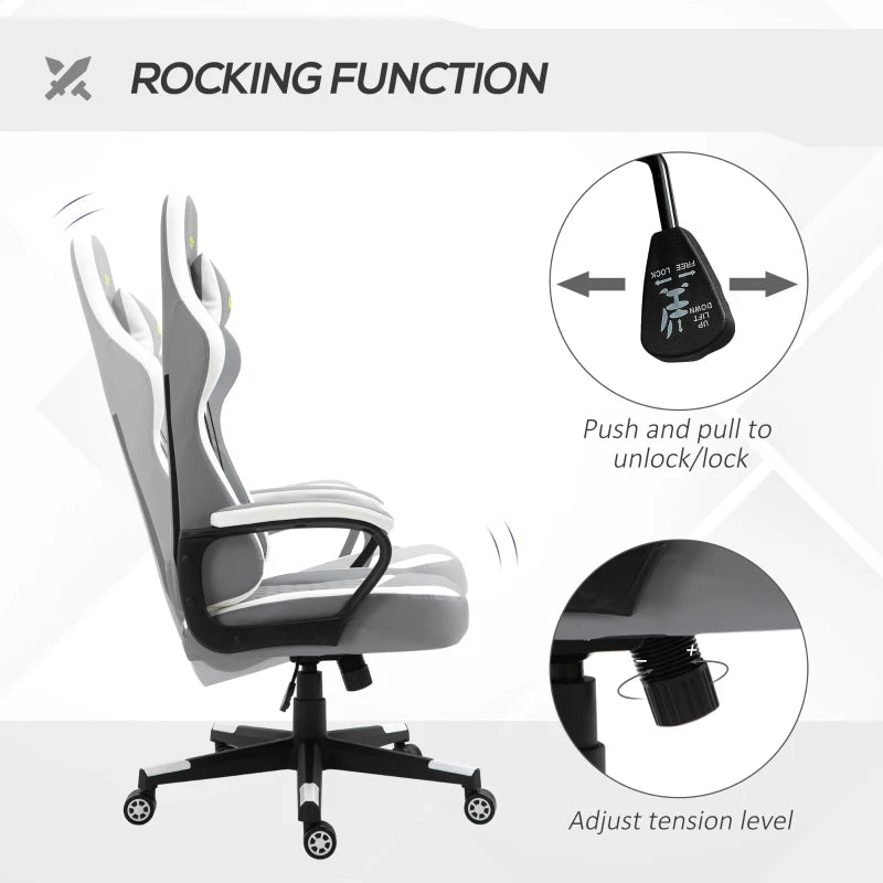 Grey White Gaming Chair with Lumbar Support and Swivel Wheels