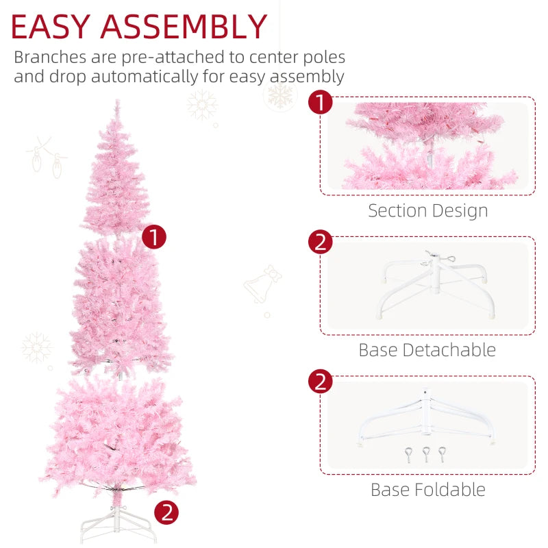 6FT Pink Pre-lit Pencil Slim Christmas Tree with Warm White LED Lights