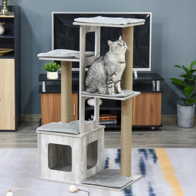 Grey Cat Tree Tower with Scratching Posts and Perches