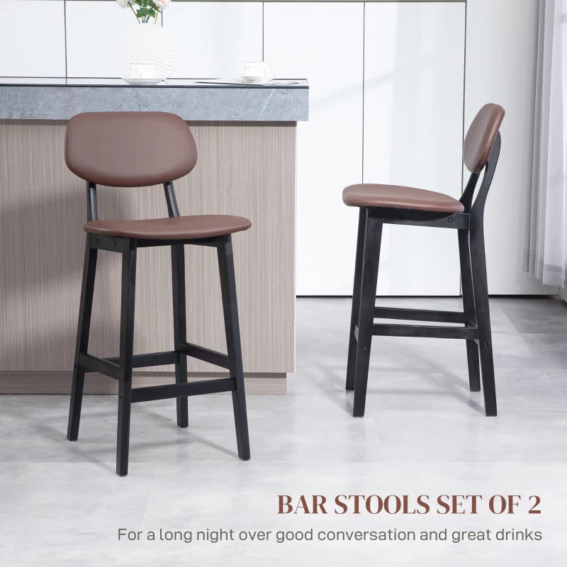 Brown Faux Leather Breakfast Bar Stools Set of 2 with Backs and Solid Wood Legs