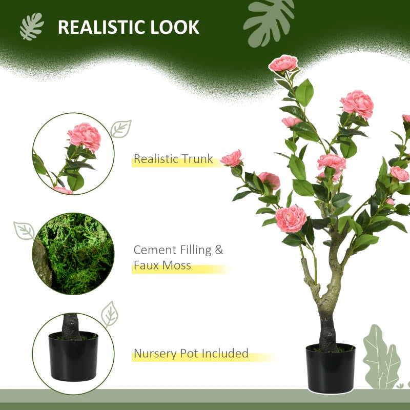 Artificial Pink Camellia Flower in Pot, Indoor Outdoor Fake Plant, 95cm