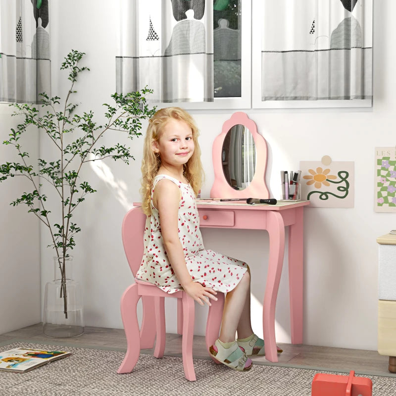 Kids Pink Dressing Table Set with Mirror, Stool, Drawer - Cute Animal Design