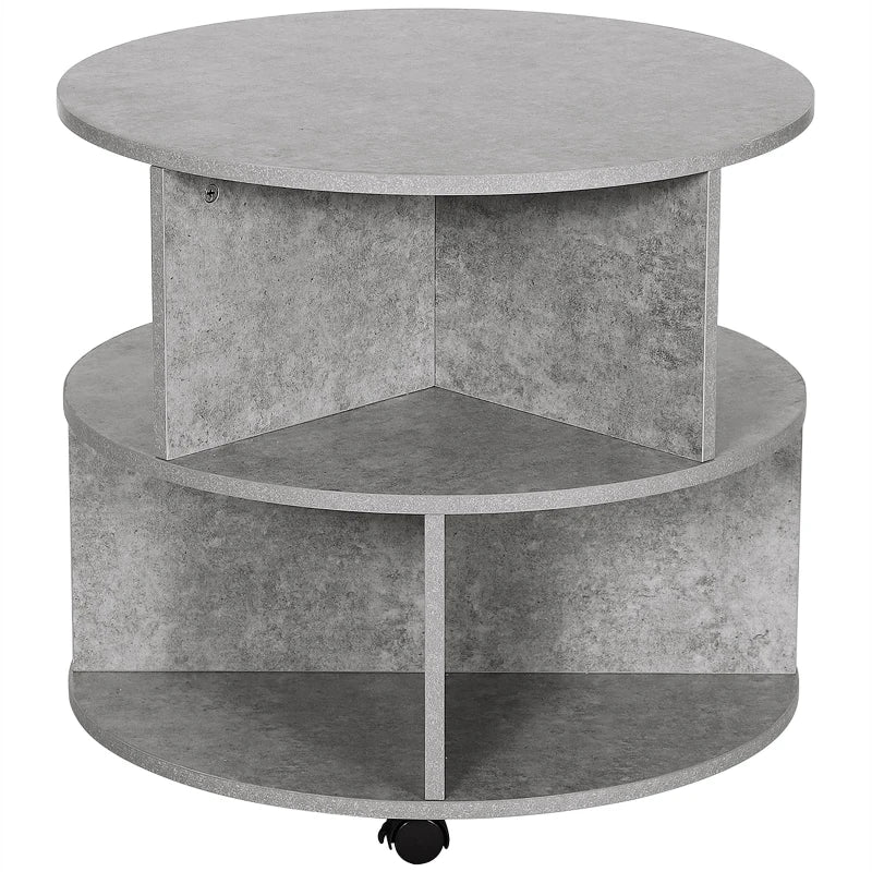 Round Cement Coffee Table with Divided Shelves and Wheels