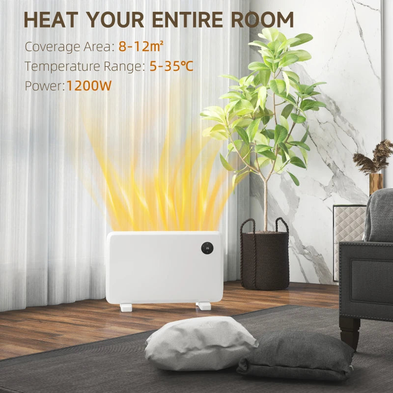 1200W White Electric Convector Heater, Freestanding/Wall Mounted, Adjustable Thermostat & Timer