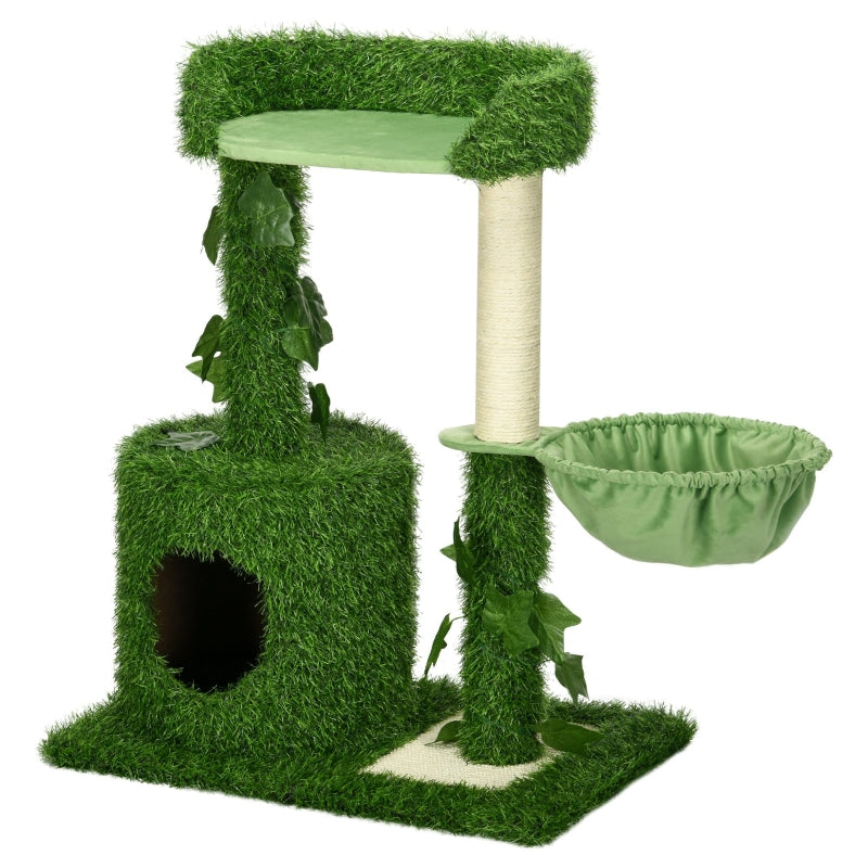 Green Cat Tree with Leaves, Scratching Posts, Hammock - 77cm