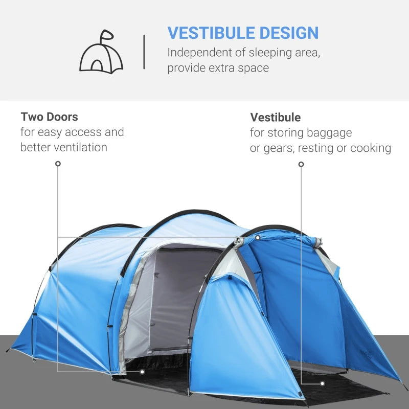 3-Person Blue Tunnel Camping Tent with Vestibule and Rainfly