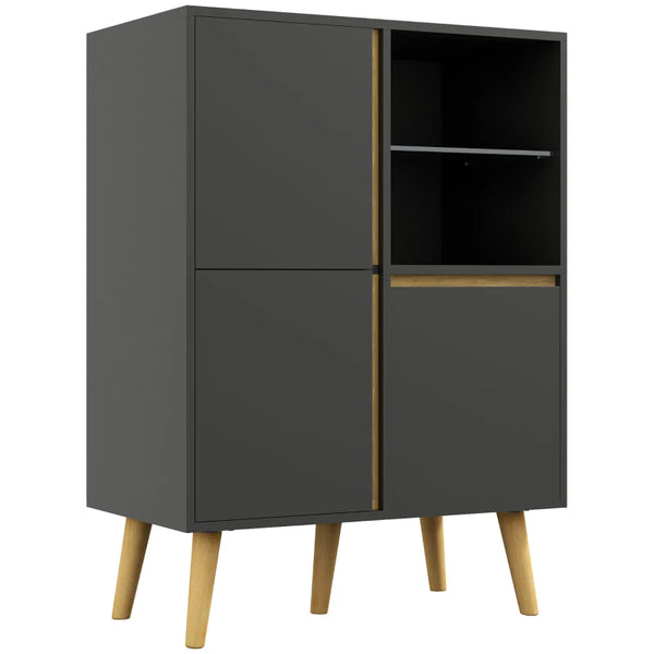 Modern White Storage Cabinet with Glass Shelves & Wood Legs