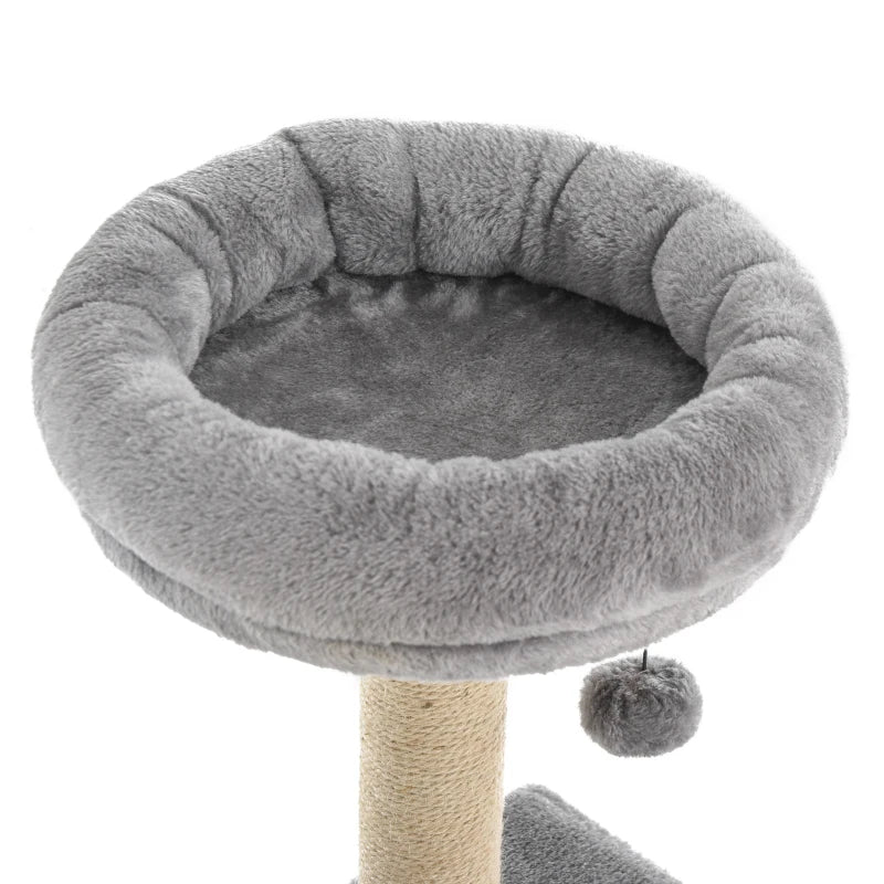 Grey Cat Tree Condo with Scratching Post and Dangling Ball