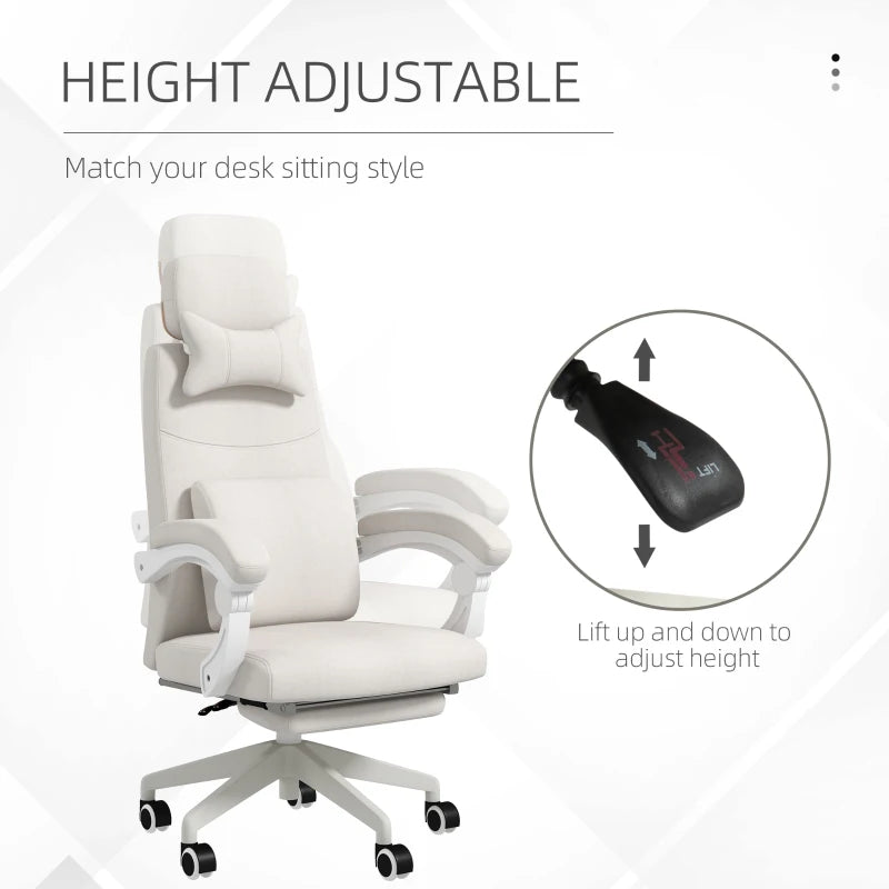 White Linen-Look Office Chair with Reclining Back and Footrest