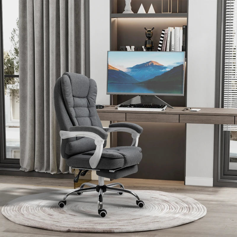 Grey Linen Swivel Office Chair with Reclining Backrest and Footrest