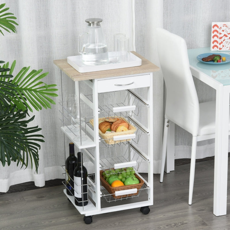 4-Basket Rolling Kitchen Cart with Side Racks, Natural and White