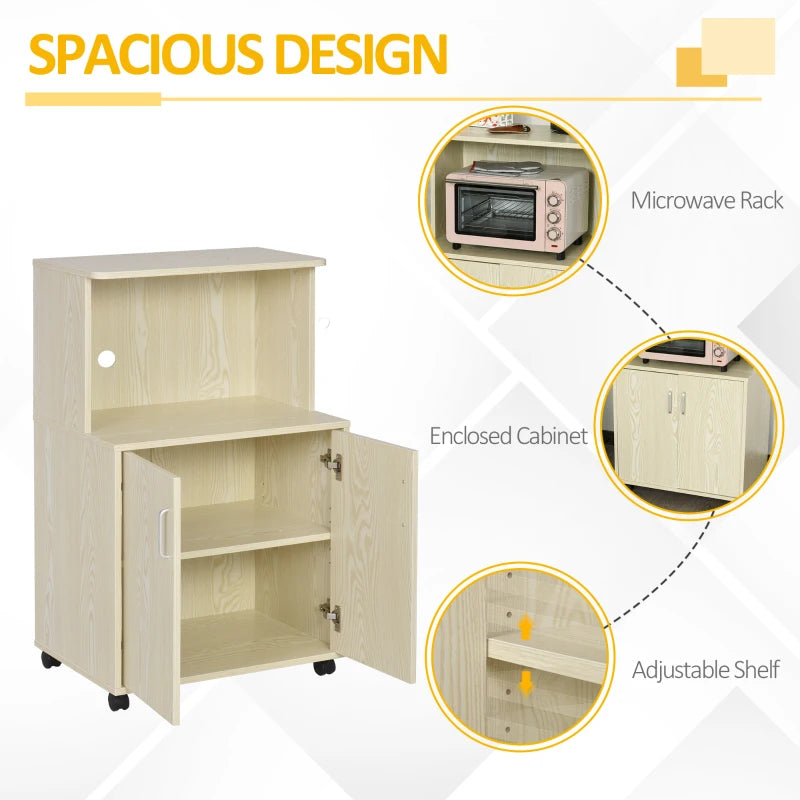 Oak Tone Kitchen Microwave Cart with Cabinet and Locking Wheels