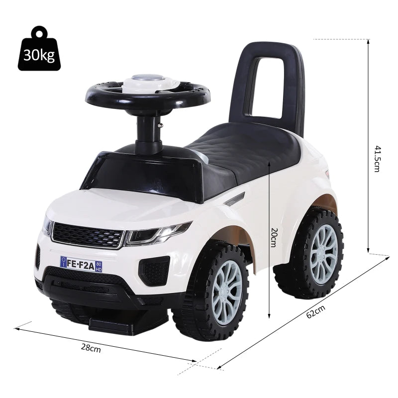 White Toddler Ride-On Car with Horn and Storage