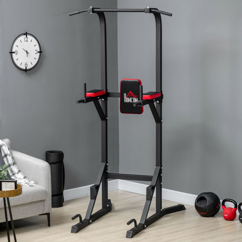 Black Freestanding Power Tower with Pull Up and Dip Station - Home Gym Equipment