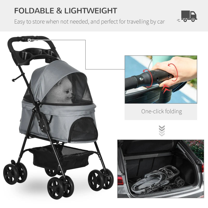 Grey Pet Stroller with Canopy and Storage Basket