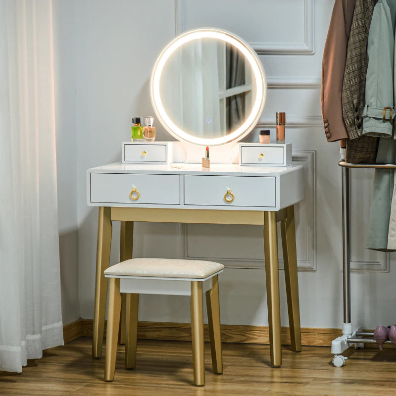 White LED Vanity Dressing Table Set with Mirror, 4 Drawers & Stool