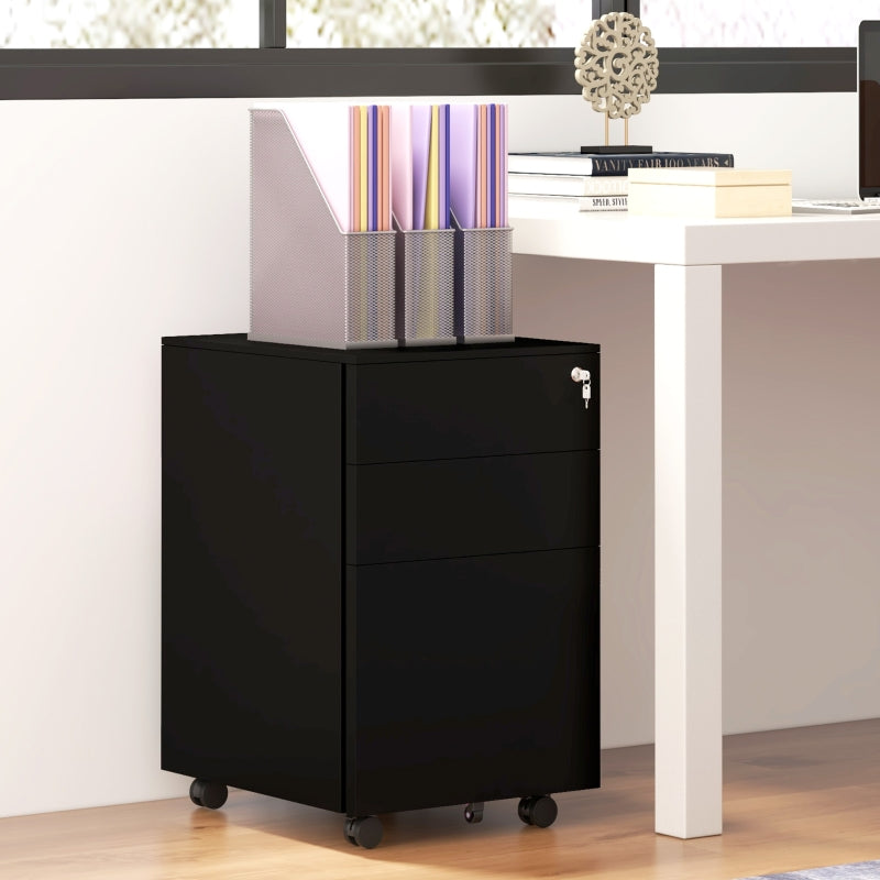 Black 3-Drawer Steel Filing Cabinet with Lock and Wheels