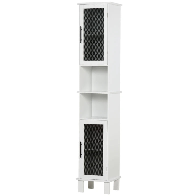 6-Tier White Bathroom Floor Cabinet with Glass Doors