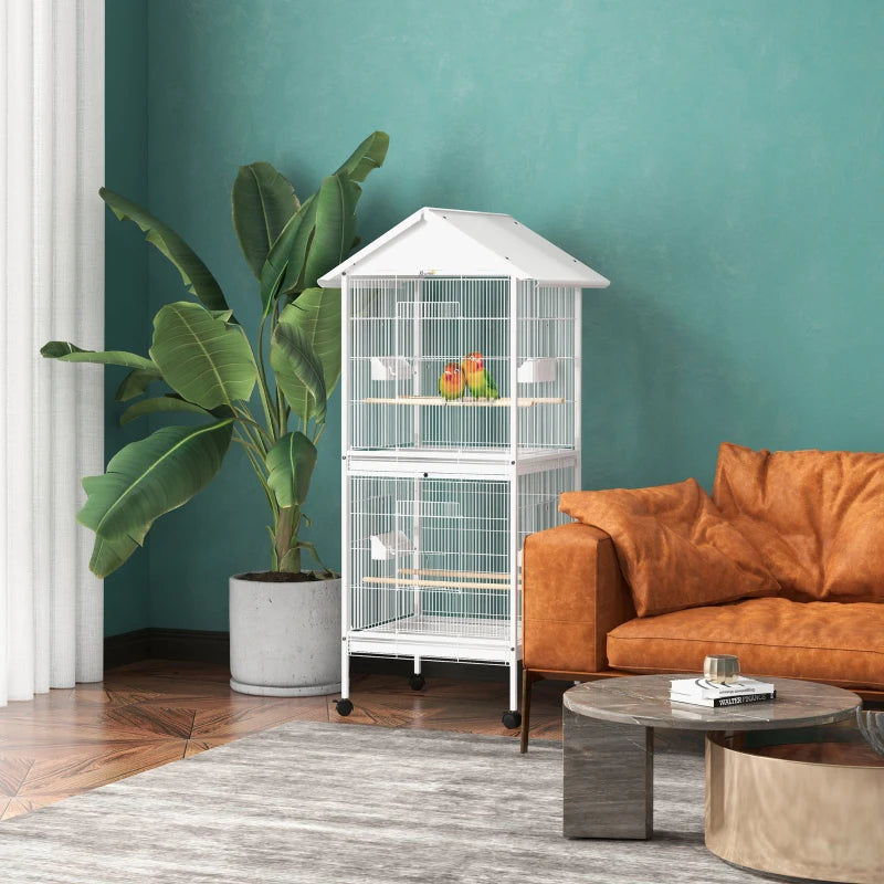 White Bird Cage with Stand, Perches & Wheels - Large Parrot Cage for Small Birds