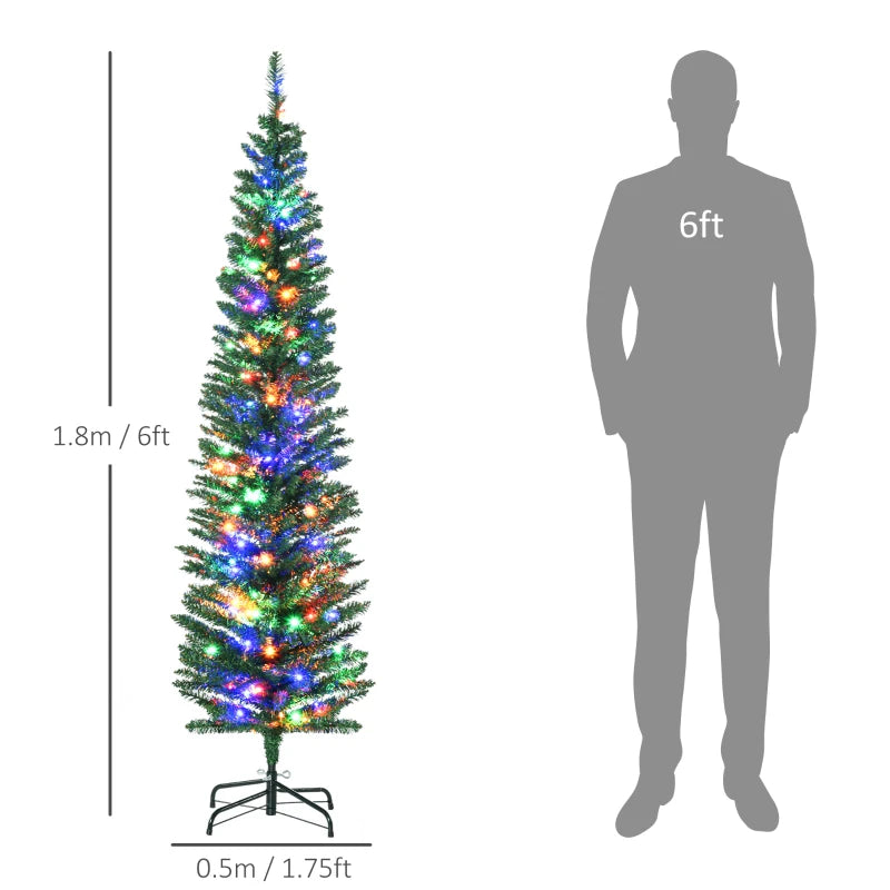 6ft Pre-lit Christmas Tree with Colourful LED Lights, Pencil Shape, Steel Base - Green