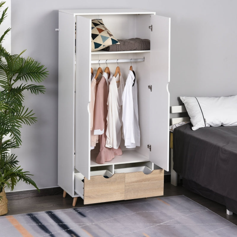 White 2-Door Wardrobe with Rail, Shelf, and Drawers - Home Storage Solution