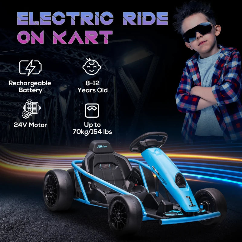 Blue Electric Drift Go Kart for Kids, 2 Speed Ride-On Racing Toy