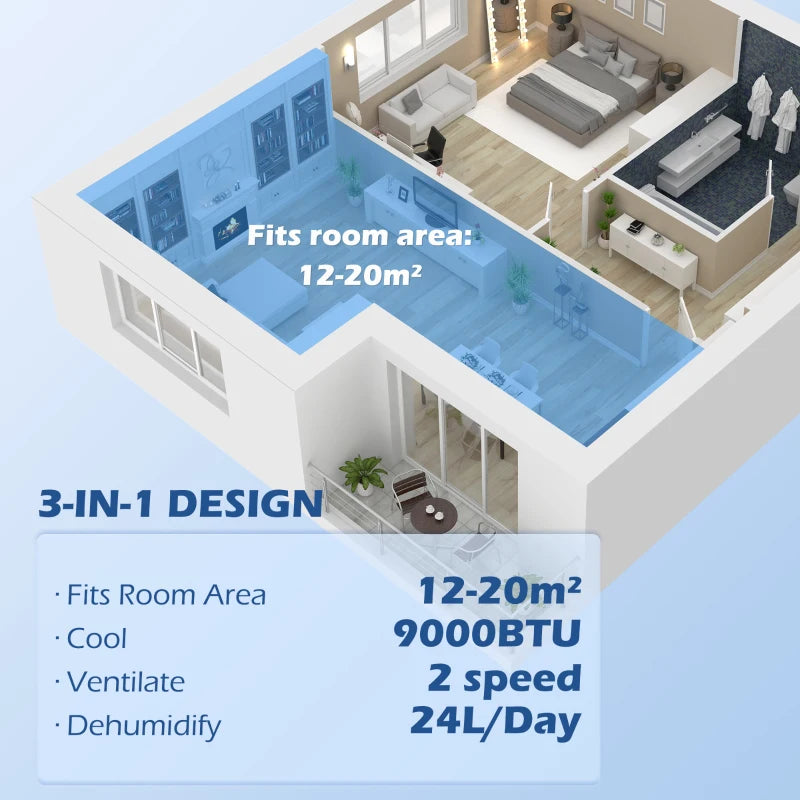 Portable 9,000 BTU Air Conditioner - White, Room up to 20m², Dehumidifier, Timer, Wheels