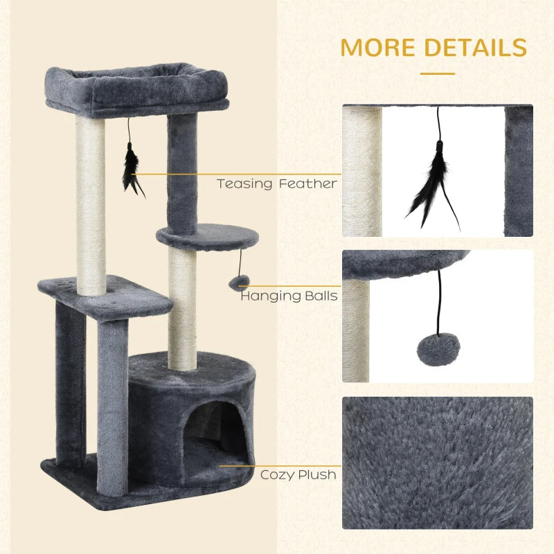 Grey Cat Tower Condo with Scratching Posts and Toys