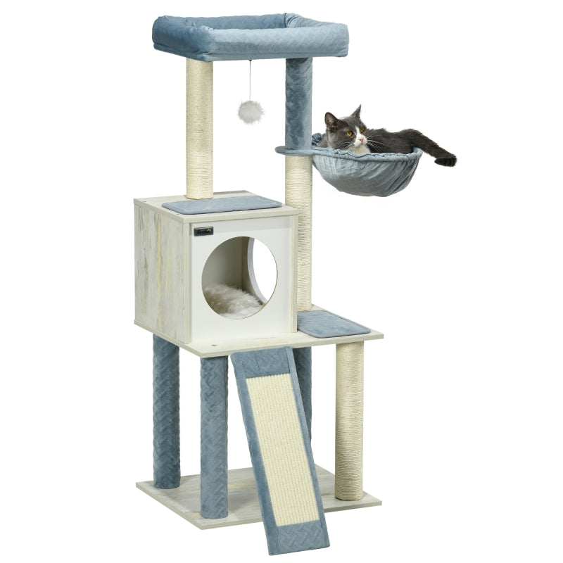 Modern Grey Cat Tree with Scratching Posts and Hammock