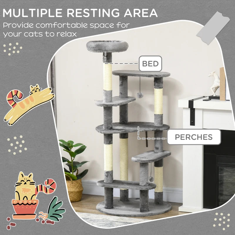 Grey Cat Tree Tower with Scratching Posts and Bed