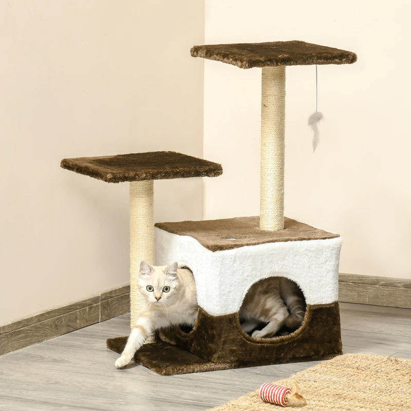 Brown Cat Tree Tower with Scratching Posts and Interactive Toy, 45 x 33 x 70 cm