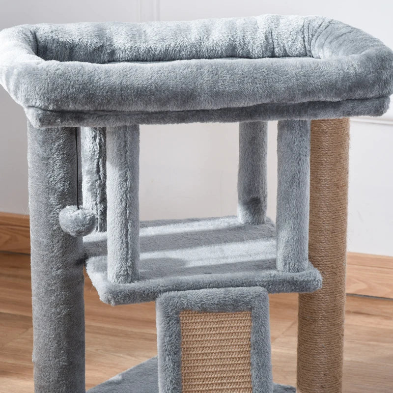 Grey Cat Tree Tower with Scratching Post and Toy Ball