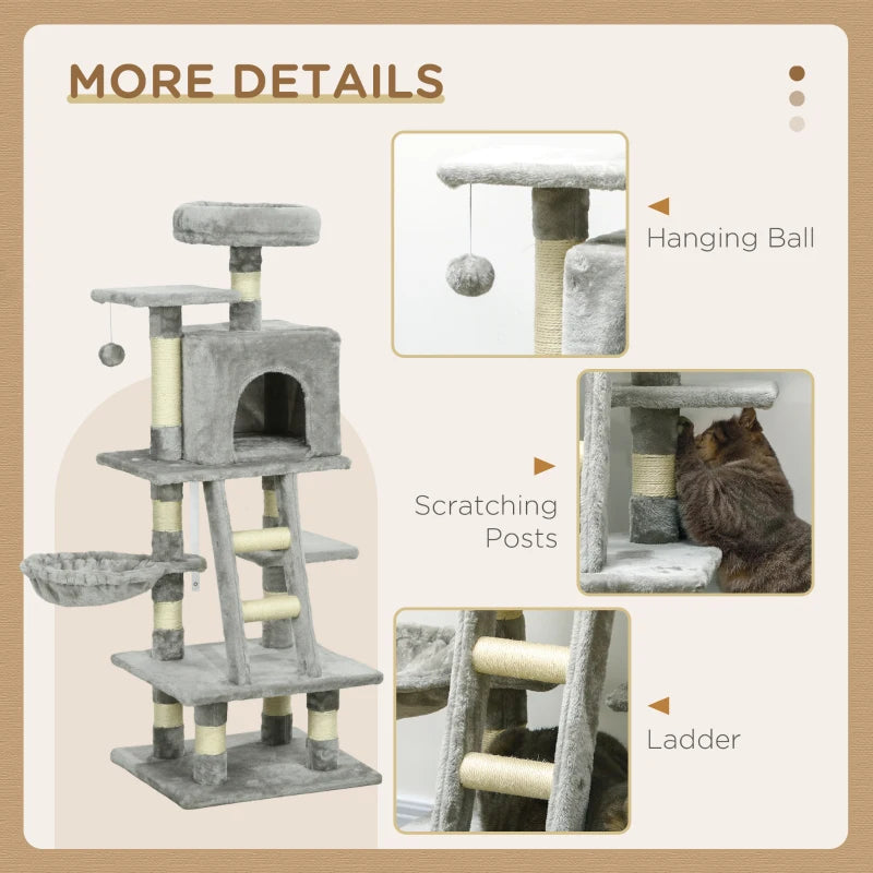 Grey Cat Tree with Hammock and Condo - 125cm Scratching Post for Large Indoor Cats