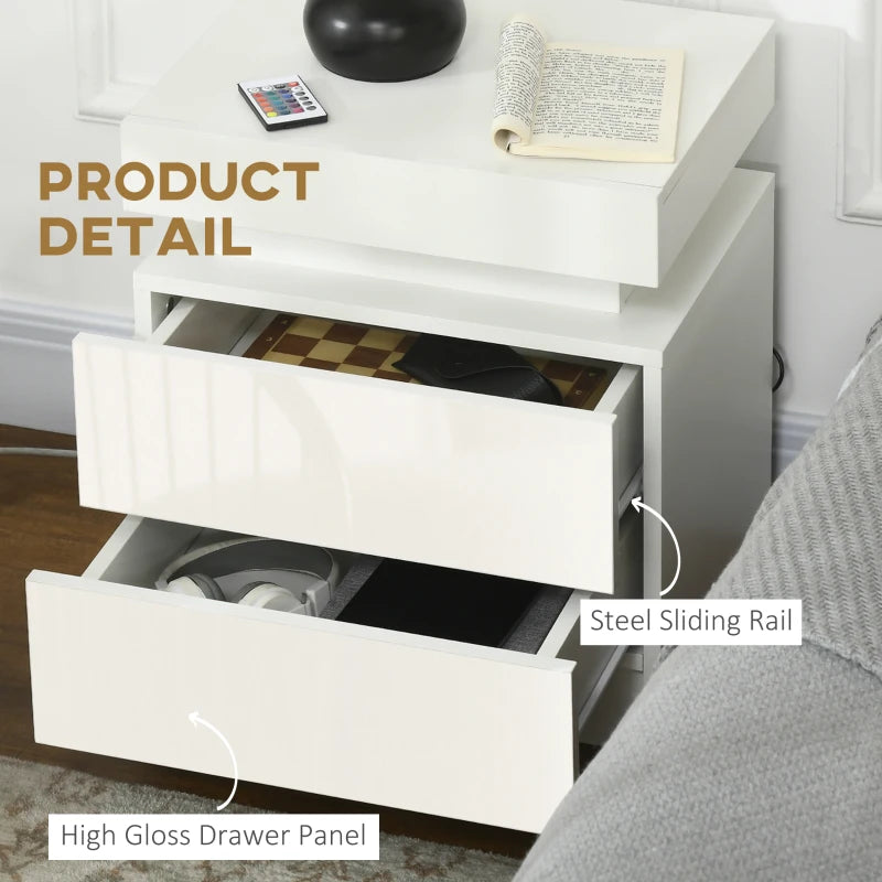 White High Gloss LED Bedside Table with 2 Drawers